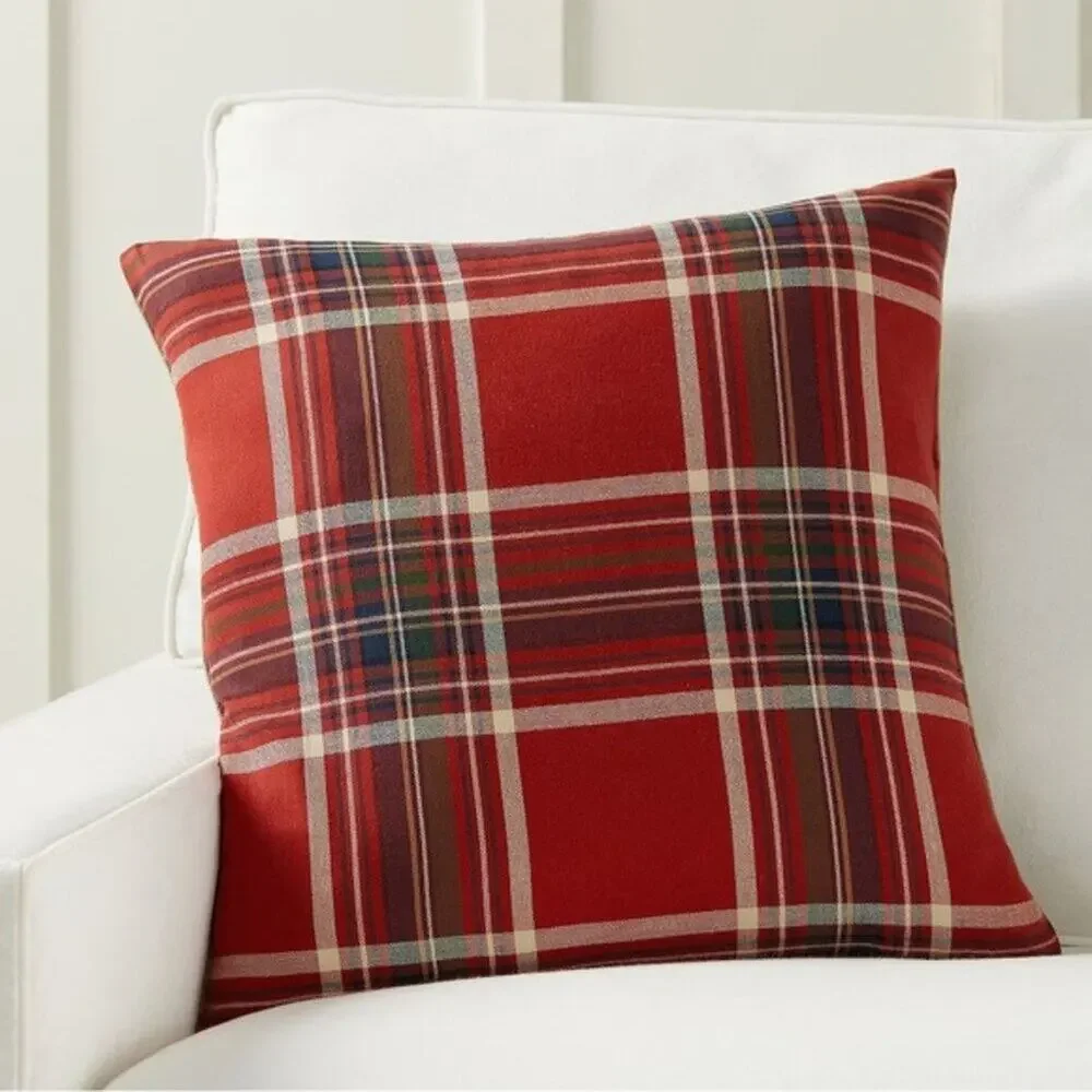 Pottery Barn Love Script Reversible Tan Red Plaid Pillow Cover Cotton Linen NWT